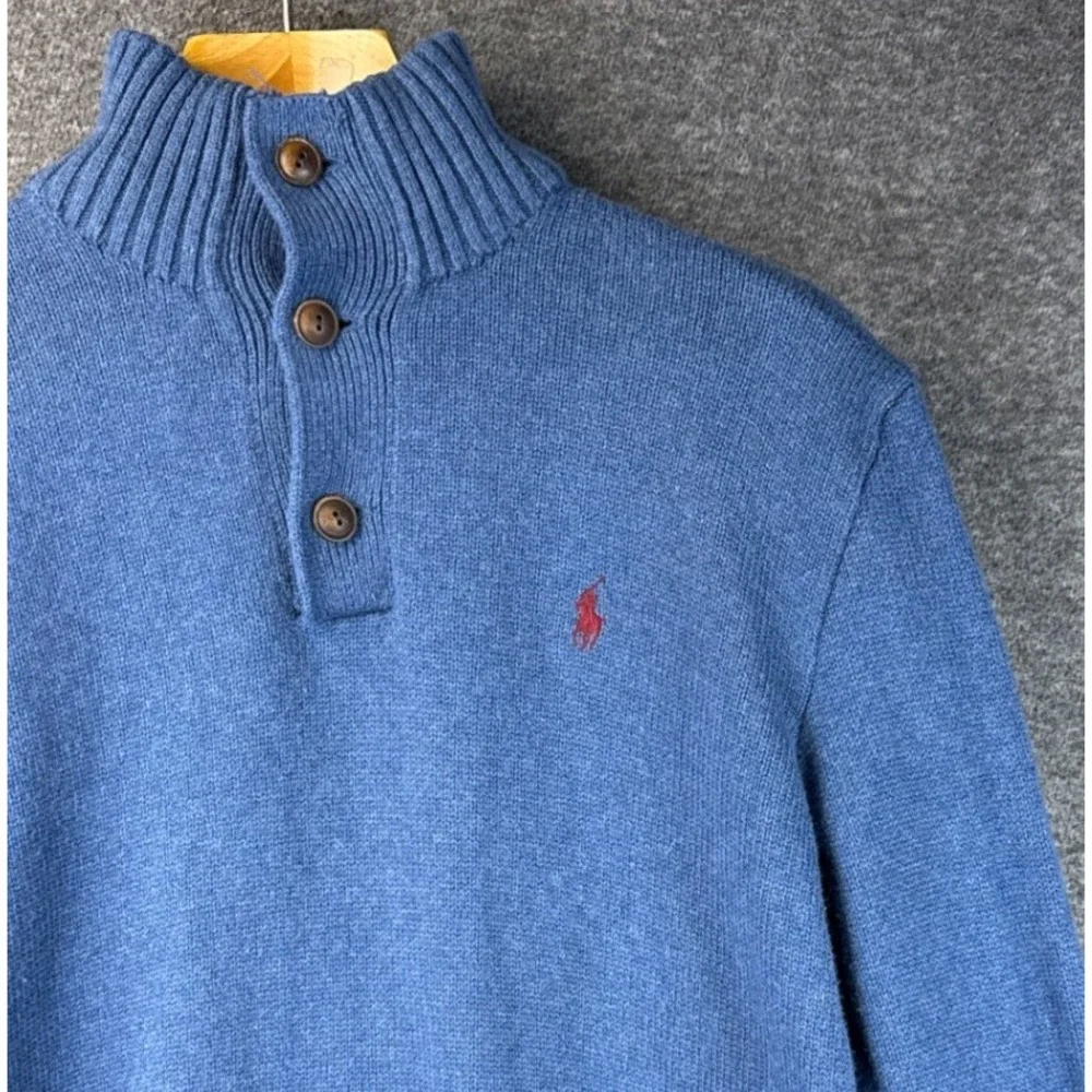 Polo Ralph Lauren Blue Cotton Mock Neck 3 Button Pullover Sweater Men M Academia